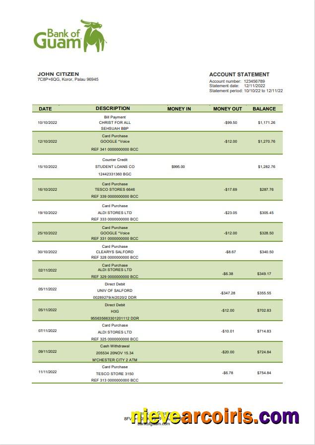 Palau Bank of Guam Bank statement